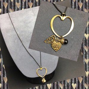 Heart Swirl Pendant Necklace Black Cord Bead Gold Triangle Spiral Retro Boho